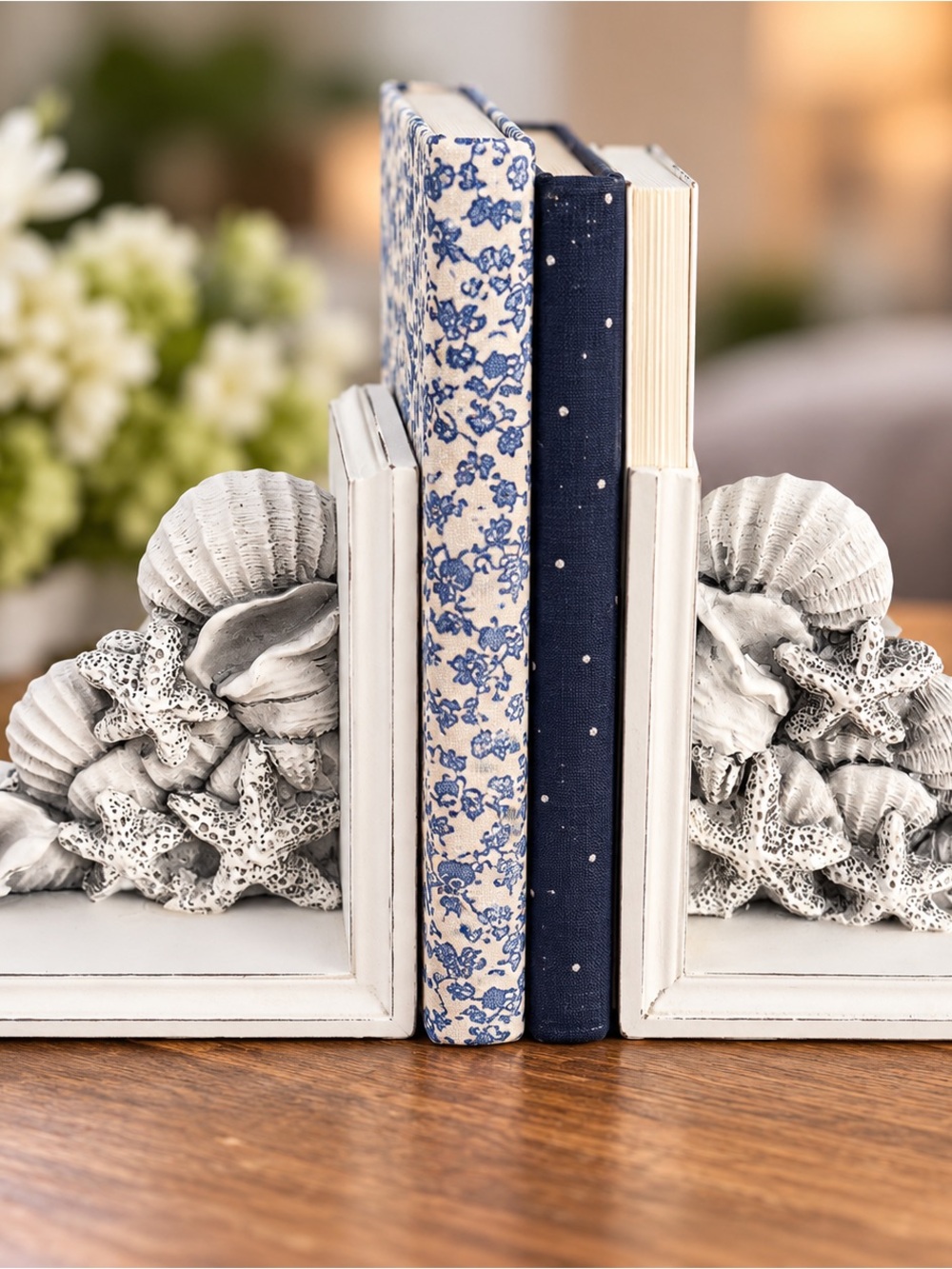 Coastal Shell Bookends in White by
